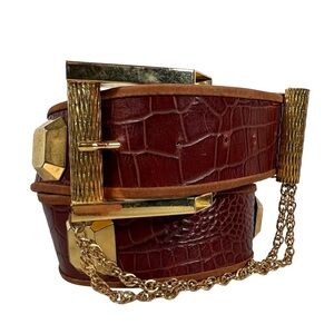 Brown faux Crocodile alligator bold Belt Gold Accents chain luxury